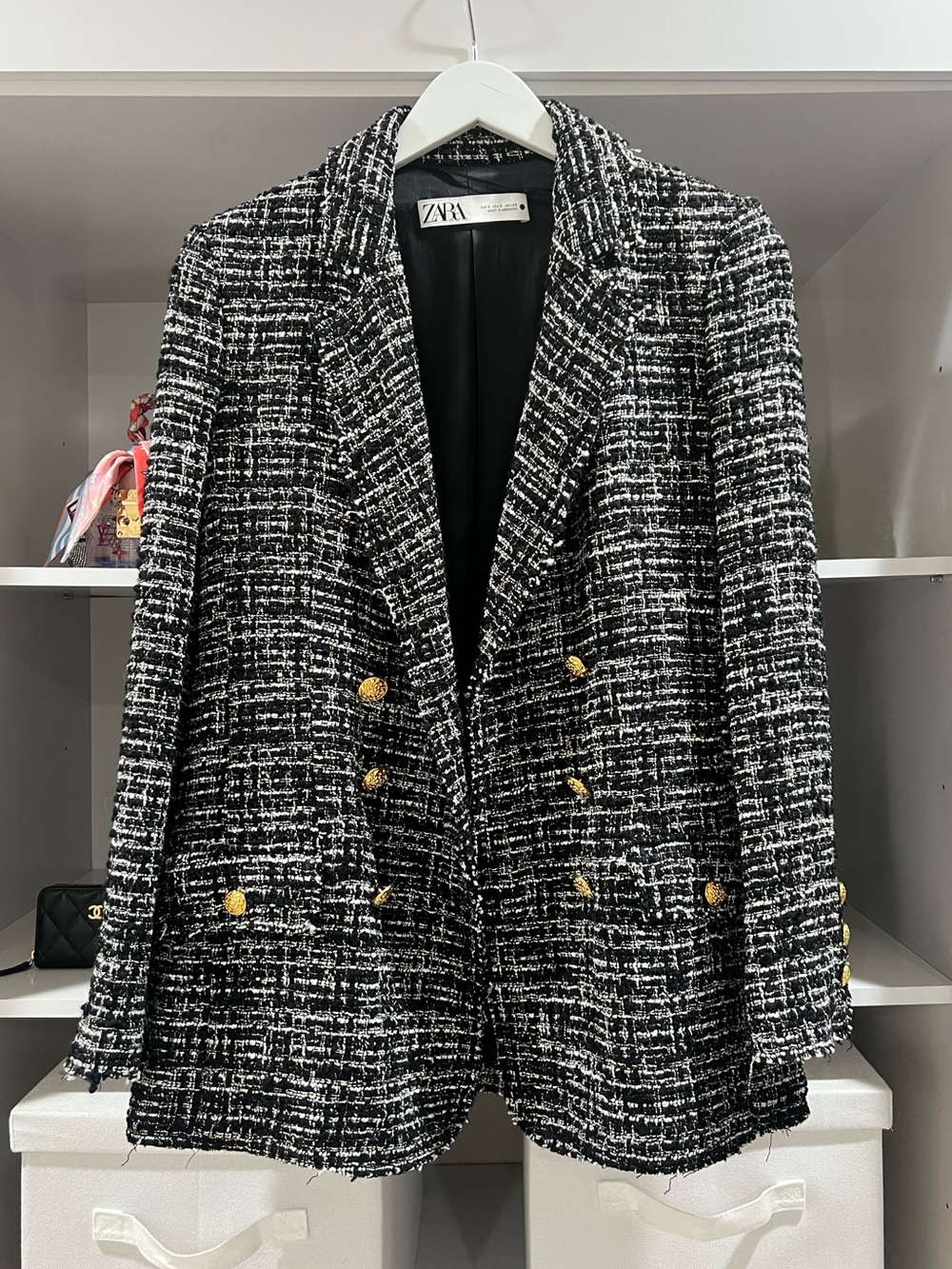 ZARA Black & White Tweed Blazer with Gold Accents
